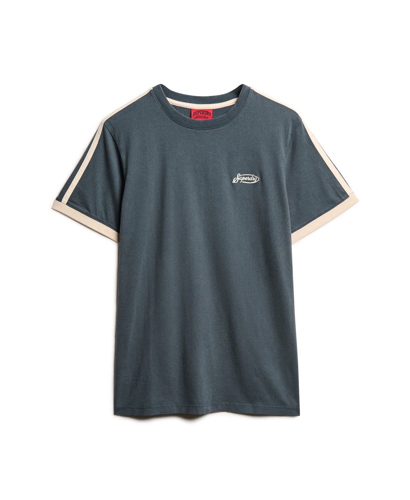 camiseta listrada retrô com logo essencial na cor azul marinho lauren