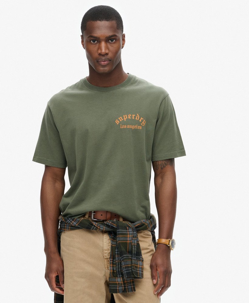 camiseta folgada com estampa de tatuagem nas costas em verde escuro