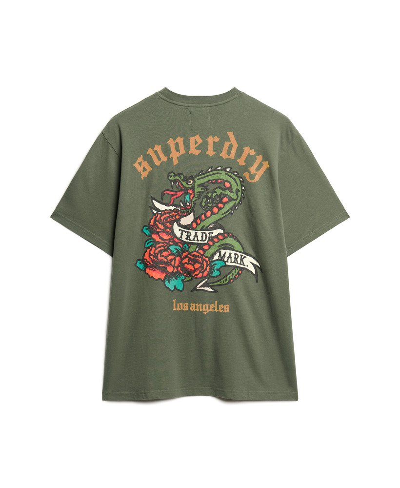 camiseta folgada com estampa de tatuagem nas costas em verde escuro