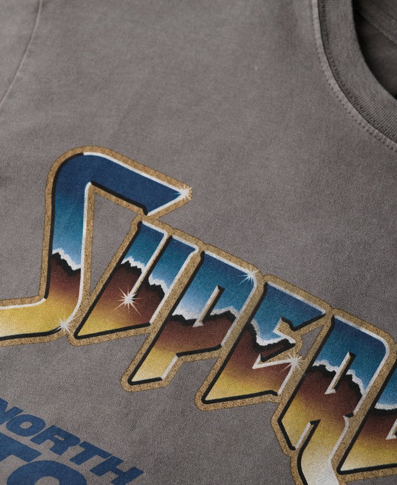 camiseta com estampa de banda de rock dos anos 70 na cor cinza escuro.