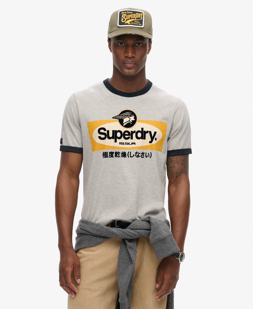 camiseta gráfica core logo ringer workwear na cor bege mesclado pedra-pomes