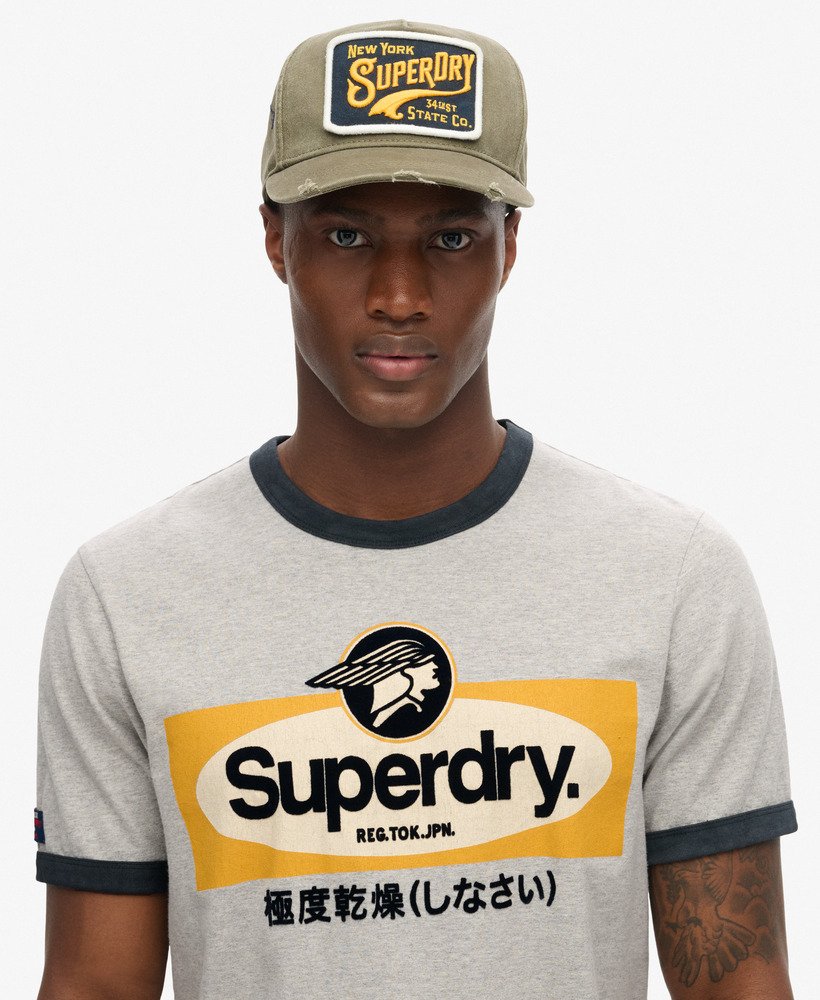 camiseta gráfica core logo ringer workwear na cor bege mesclado pedra-pomes