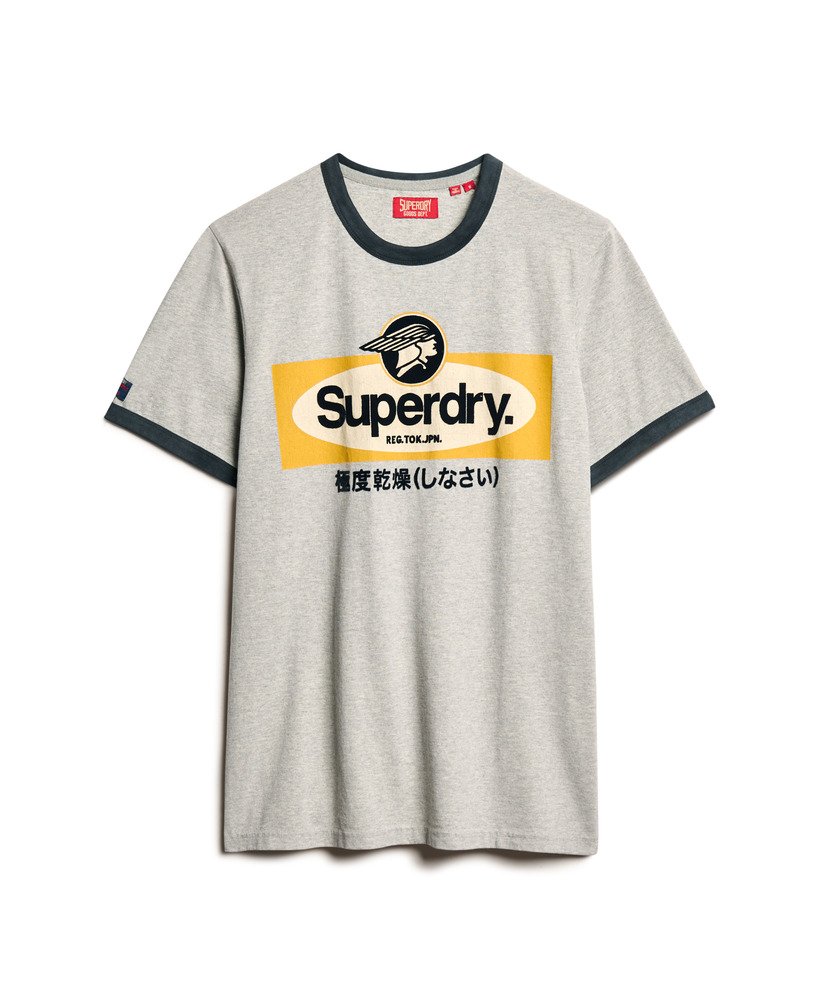 camiseta gráfica core logo ringer workwear na cor bege mesclado pedra-pomes