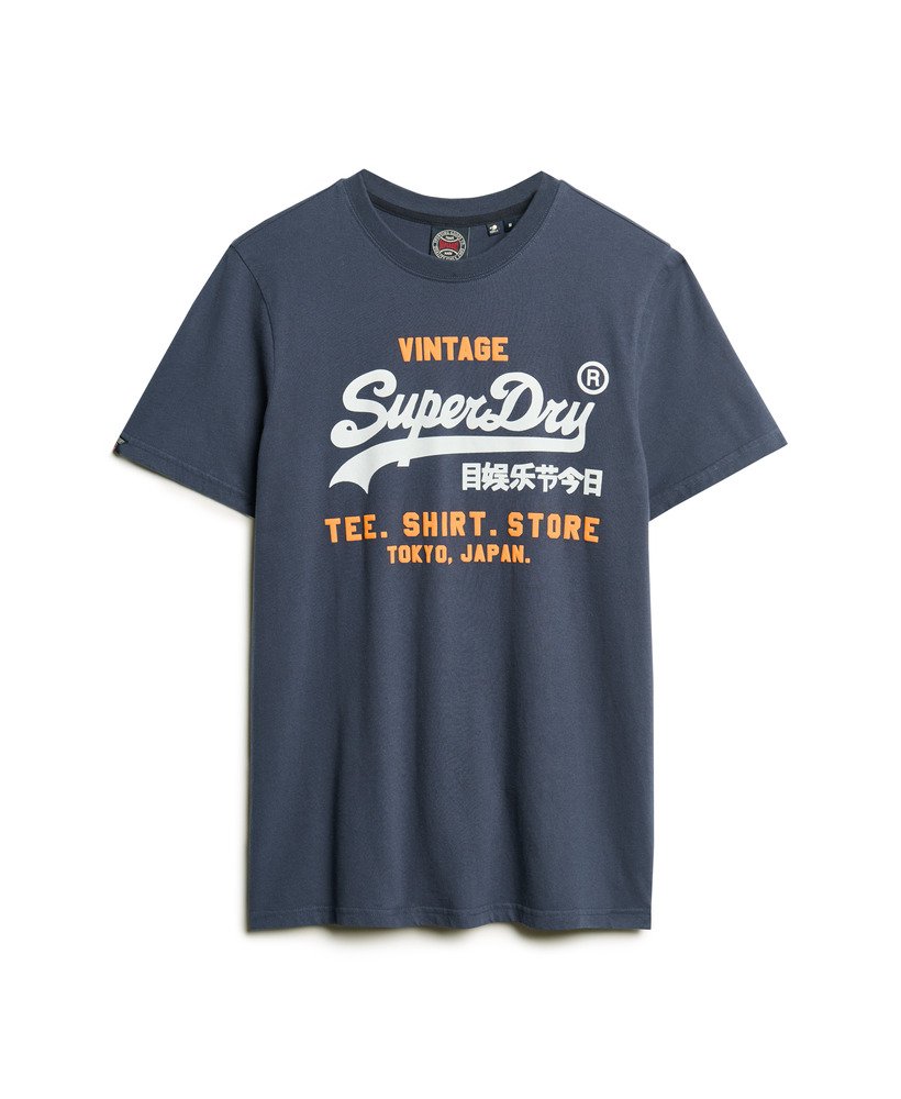 camiseta clássica com logo vintage na cor azul marinho.