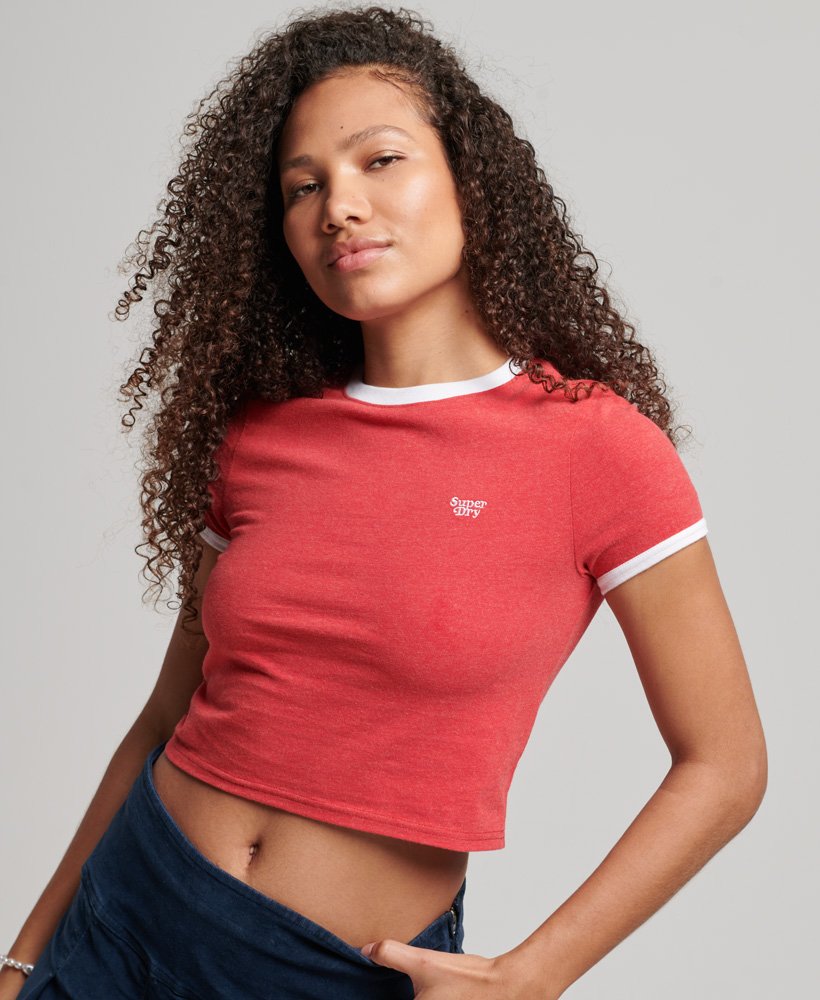 camiseta cropped de algodão orgânico com gola e punhos contrastantes em vermelho mescladobranco ótico.