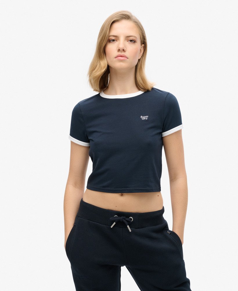 camiseta cropped de algodão orgânico com gola e punhos contrastantes na cor azul marinho eclipsebranco Óptico.