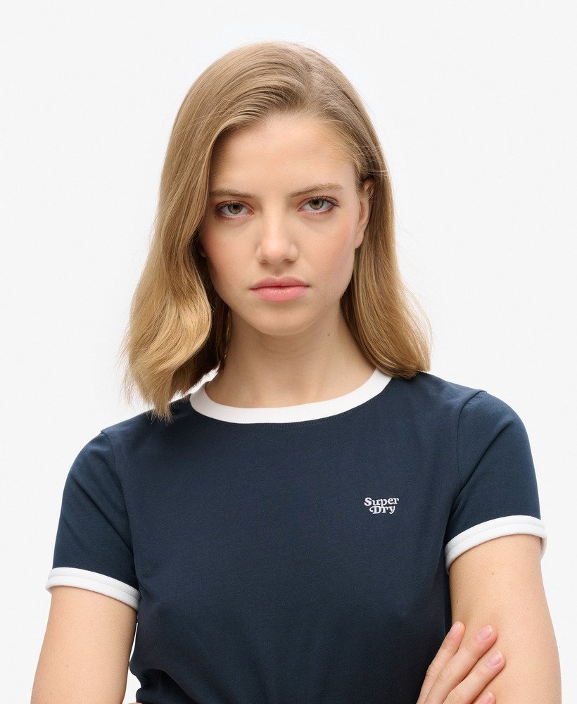 camiseta cropped de algodão orgânico com gola e punhos contrastantes na cor azul marinho eclipsebranco Óptico.