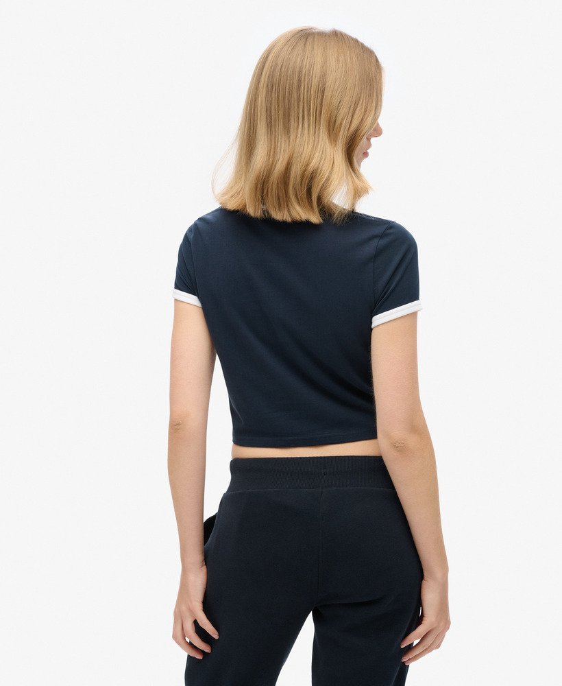 camiseta cropped de algodão orgânico com gola e punhos contrastantes na cor azul marinho eclipsebranco Óptico.