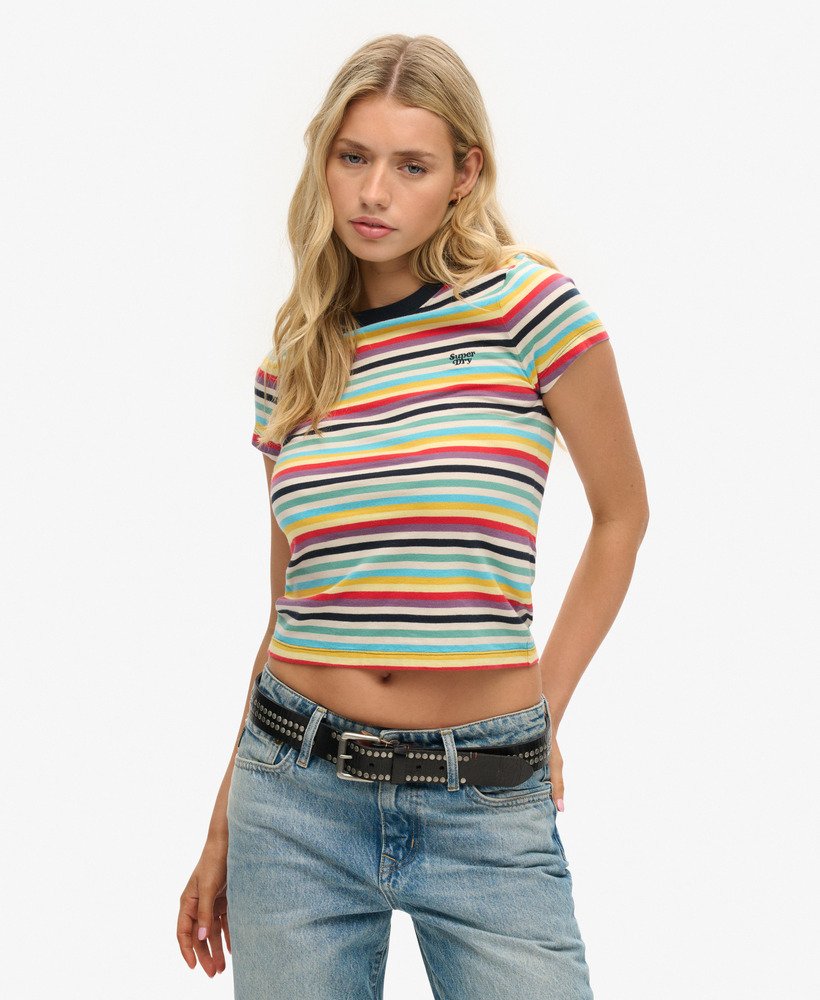 camiseta cropped vintage com listras amarelas pigmentadas.