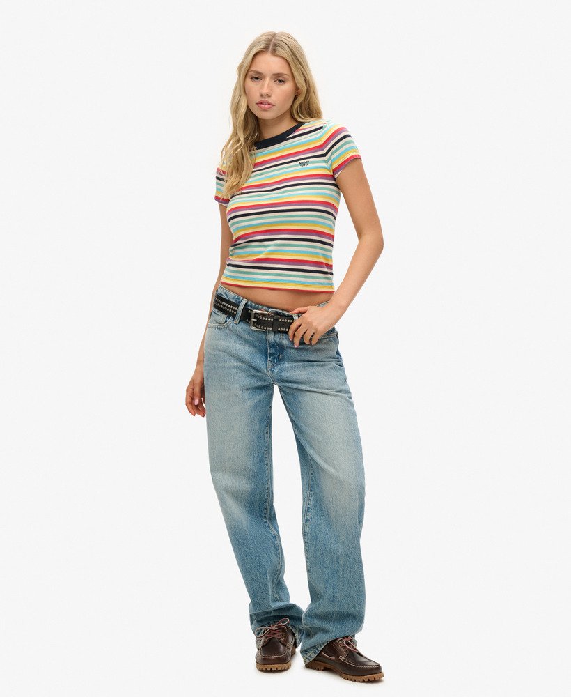 camiseta cropped vintage com listras amarelas pigmentadas.