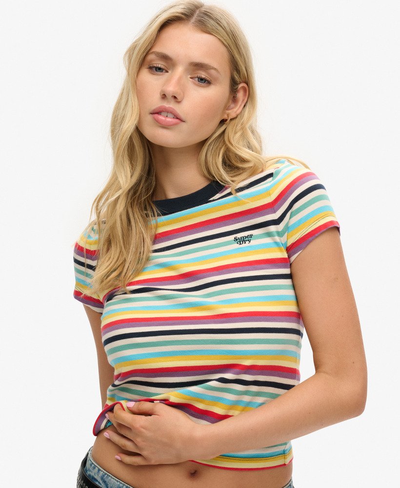 camiseta cropped vintage com listras amarelas pigmentadas.