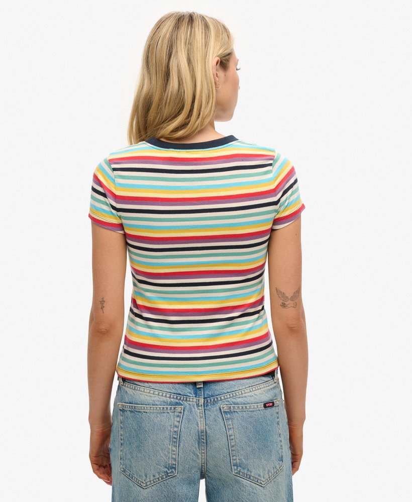 camiseta cropped vintage com listras amarelas pigmentadas.