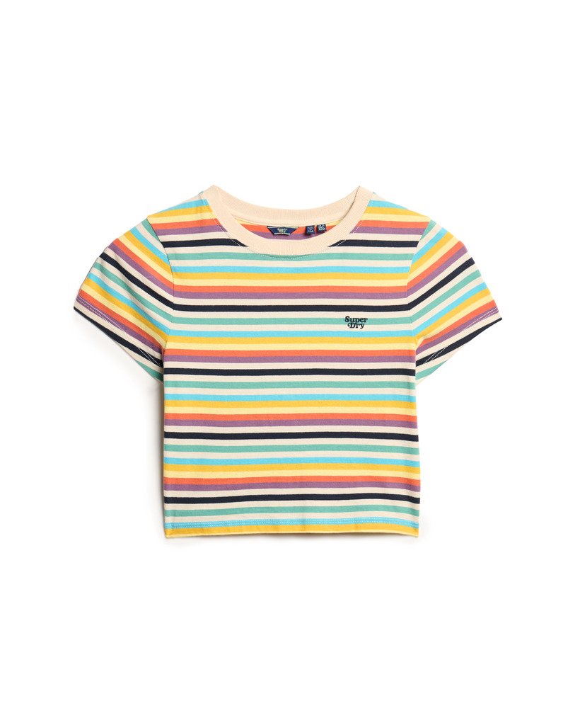 camiseta cropped vintage com listras amarelas pigmentadas.