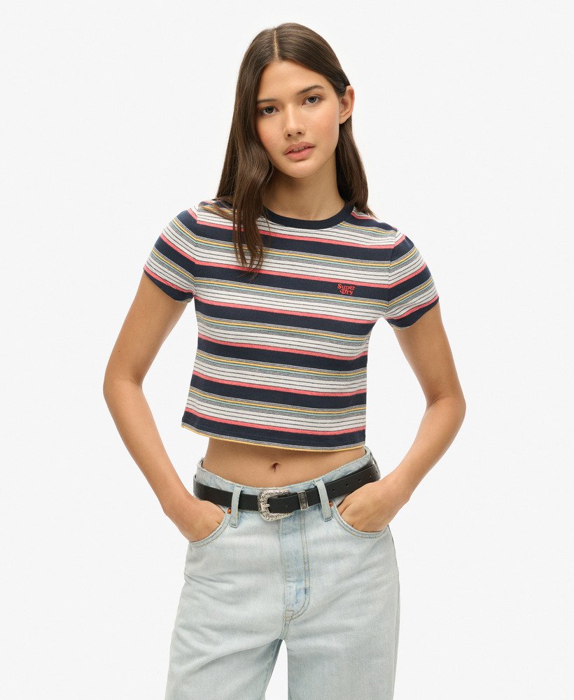 camiseta cropped listrada vintage na cor azul marinho eclipse.