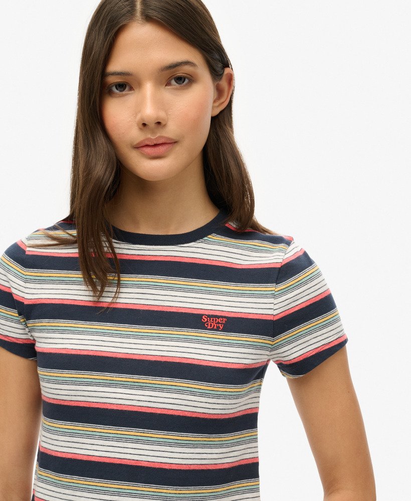 camiseta cropped listrada vintage na cor azul marinho eclipse.
