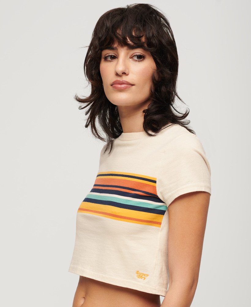 camiseta cropped listrada vintage em tons de aveia e laranja.