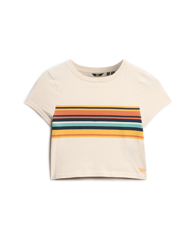 camiseta cropped listrada vintage em tons de aveia e laranja.