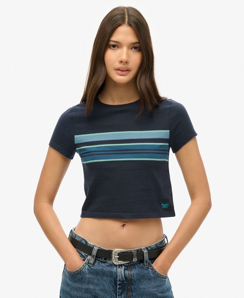 camiseta cropped listrada vintage na cor eclipse navy stripe