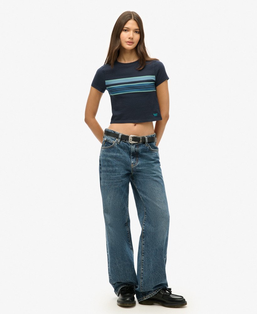 camiseta cropped listrada vintage na cor eclipse navy stripe