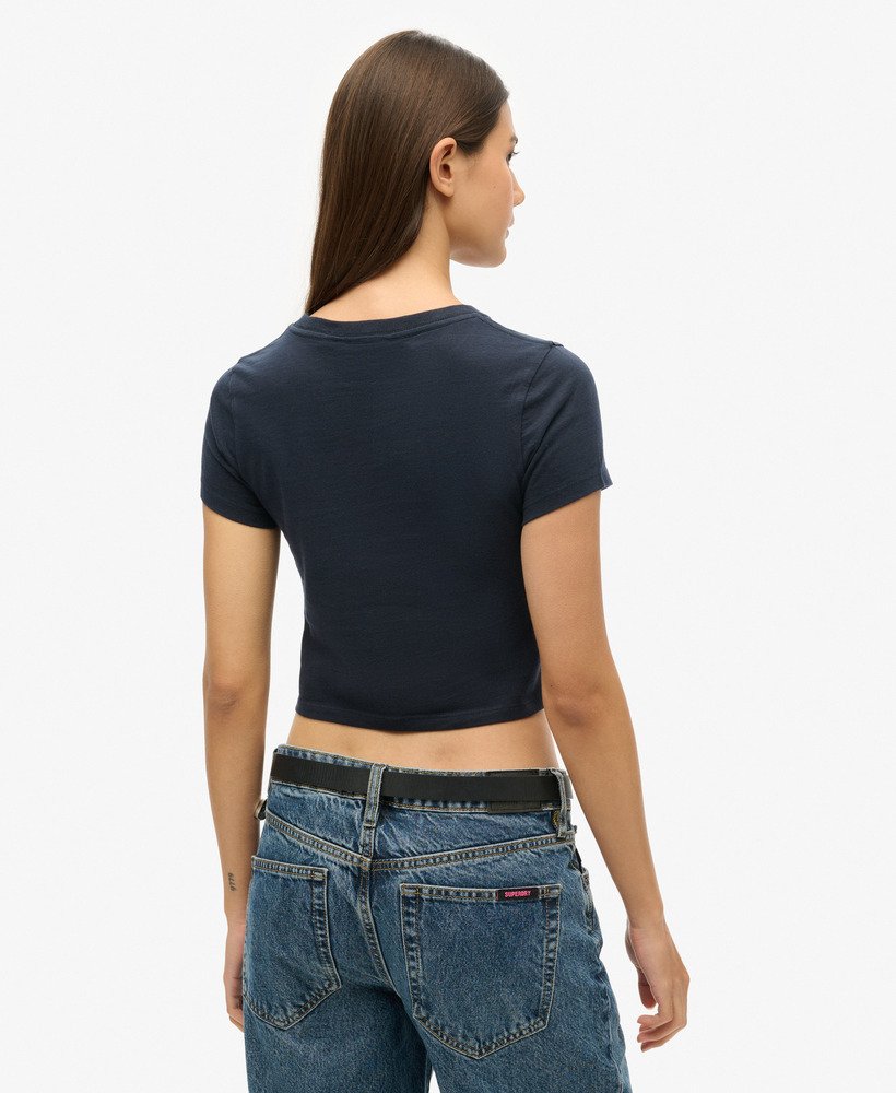 camiseta cropped listrada vintage na cor eclipse navy stripe