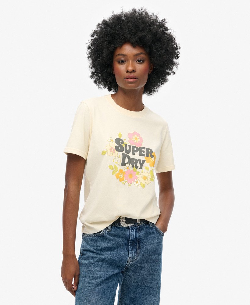 camiseta vintage floral com estampa em marrom claro mesclado