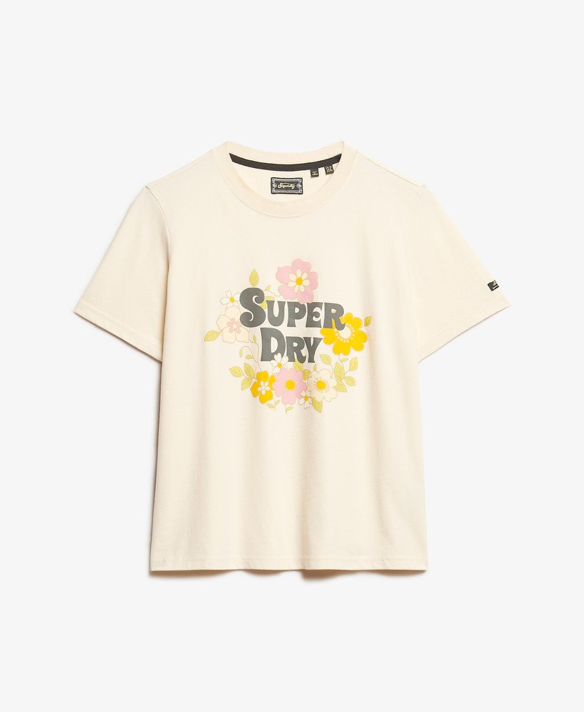 camiseta vintage floral com estampa em marrom claro mesclado