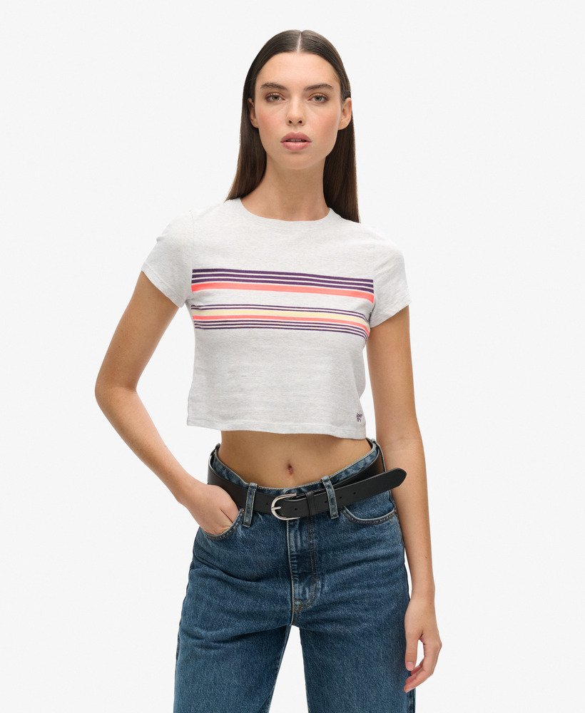 camiseta cropped listrada vintage em tons de roxo e cinza da califórnia.