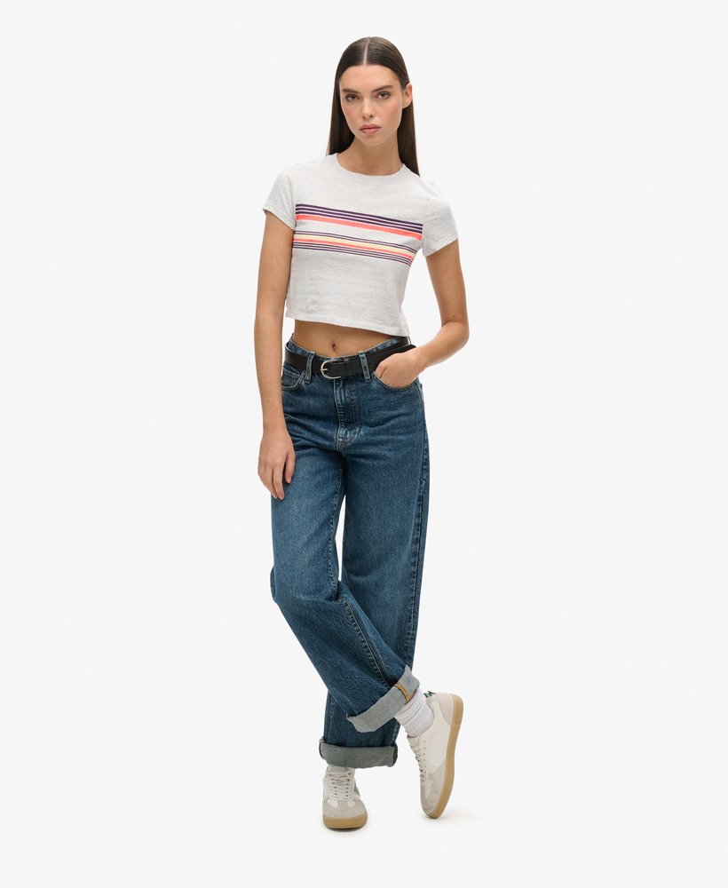 camiseta cropped listrada vintage em tons de roxo e cinza da califórnia.