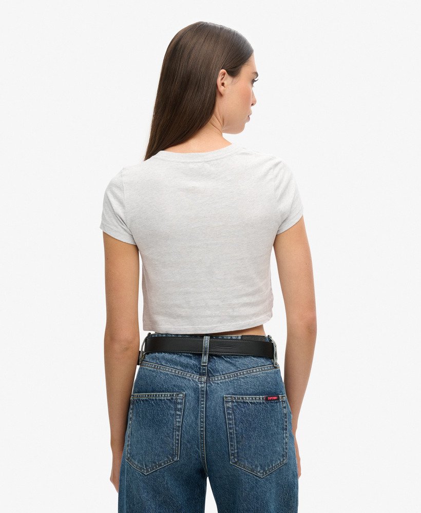 camiseta cropped listrada vintage em tons de roxo e cinza da califórnia.