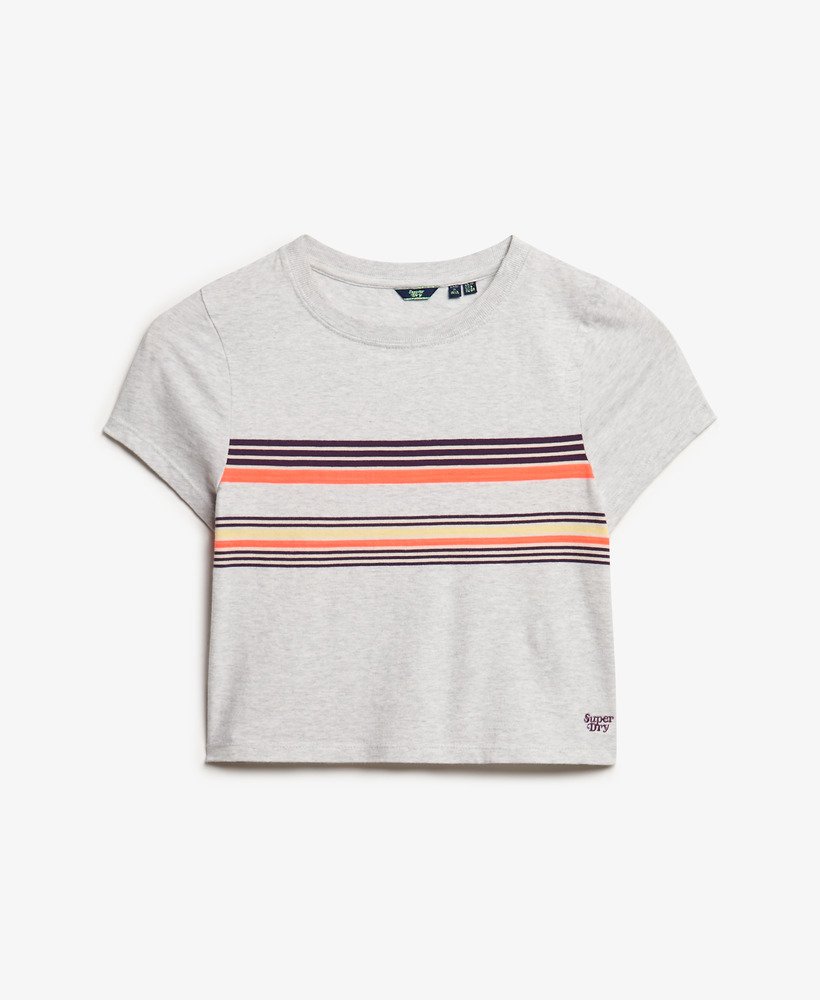 camiseta cropped listrada vintage em tons de roxo e cinza da califórnia.