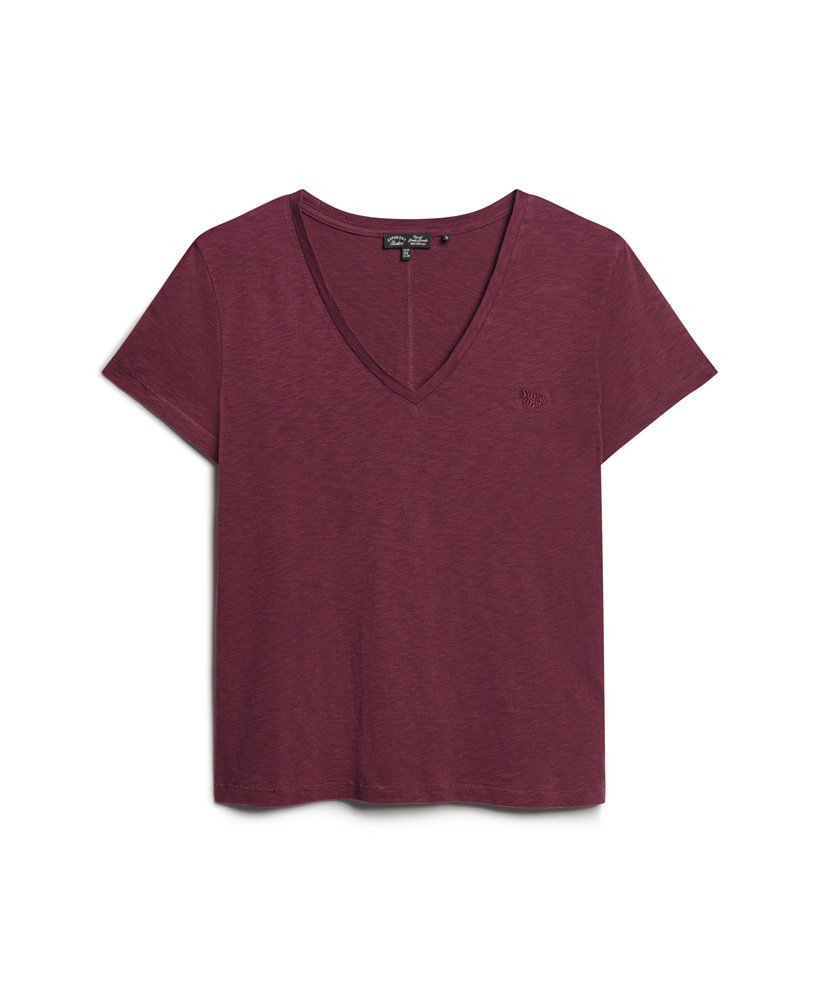 camiseta com decote em v bordada em tecido slub na cor deep port