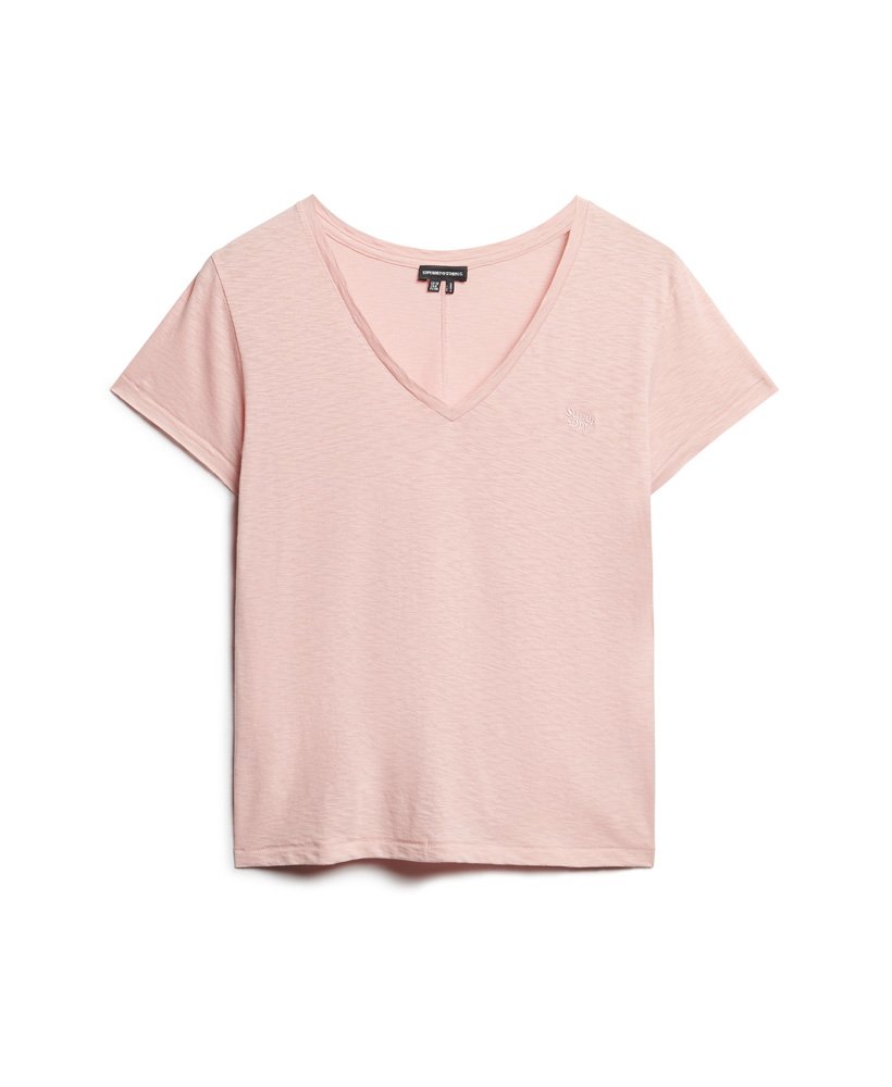 camiseta com decote em v bordada em tecido texturizado rosa acinzentado