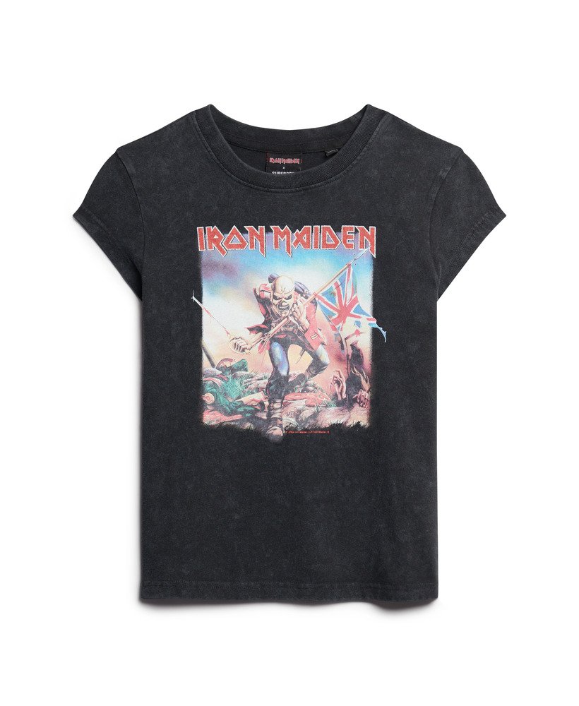 camiseta iron maiden x superdry de manga curta modelo heavy back na cor preta.