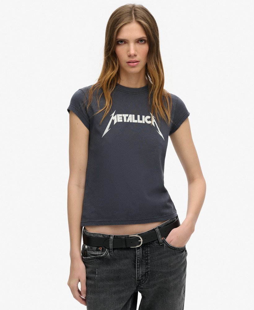 camiseta metallica x superdry de manga curta preta modelo mid merch.