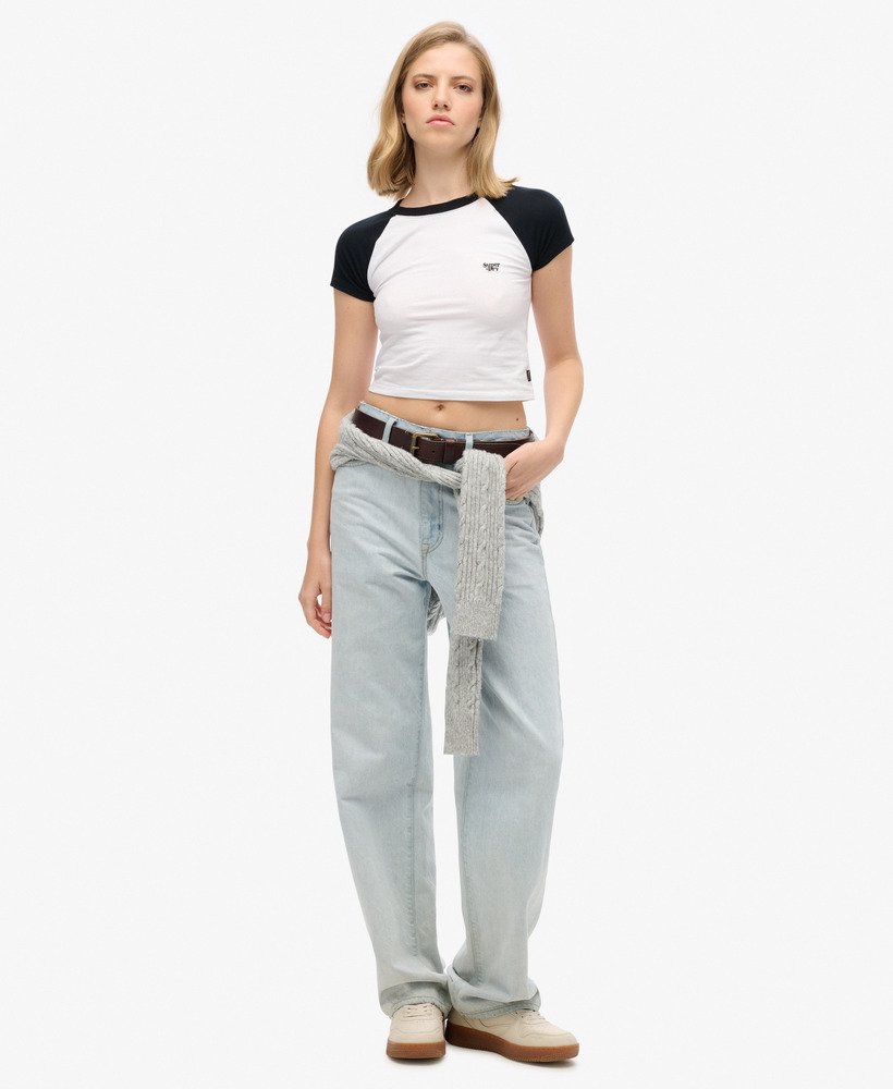 camiseta infantil cropped estilo beisebol na cor Ópticapreta