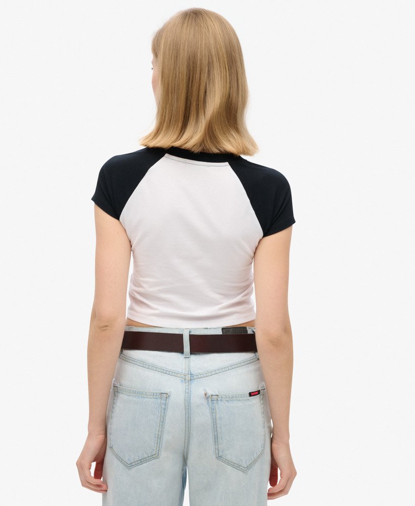 camiseta infantil cropped estilo beisebol na cor Ópticapreta