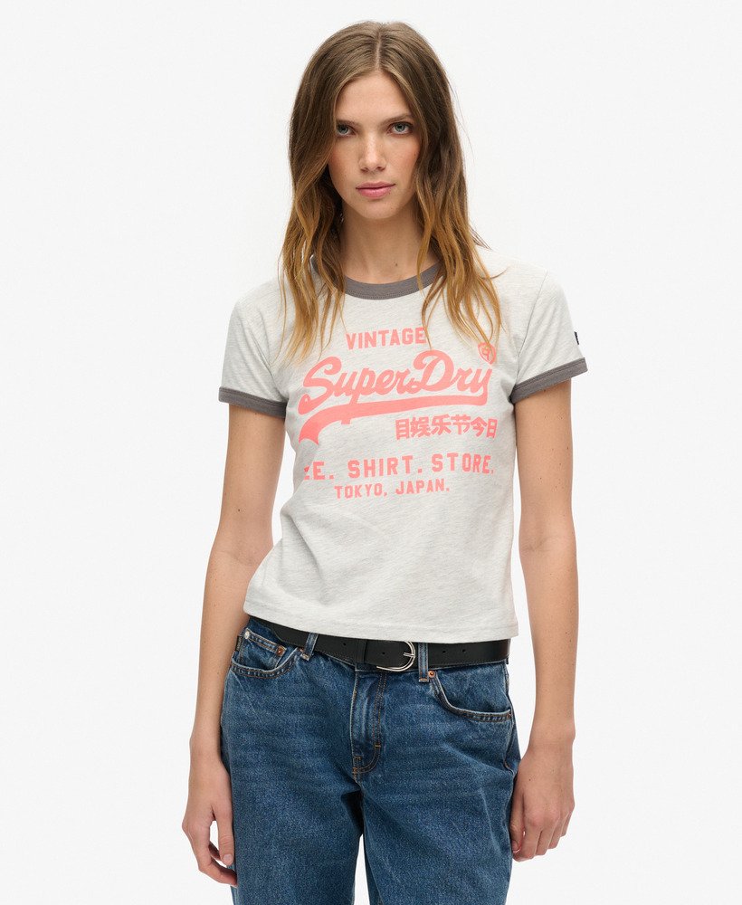 camiseta com logo vintage em neon na cor cinza mesclado glaciar.