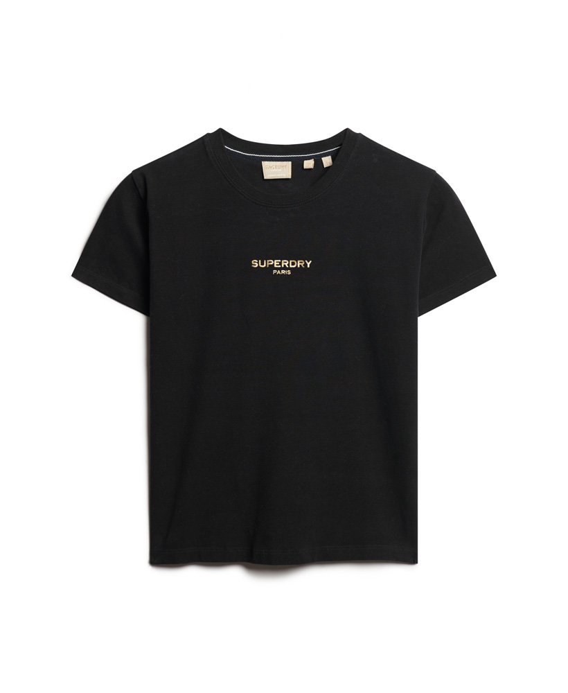 camiseta cropped sport luxe com logo na cor pretadourada.