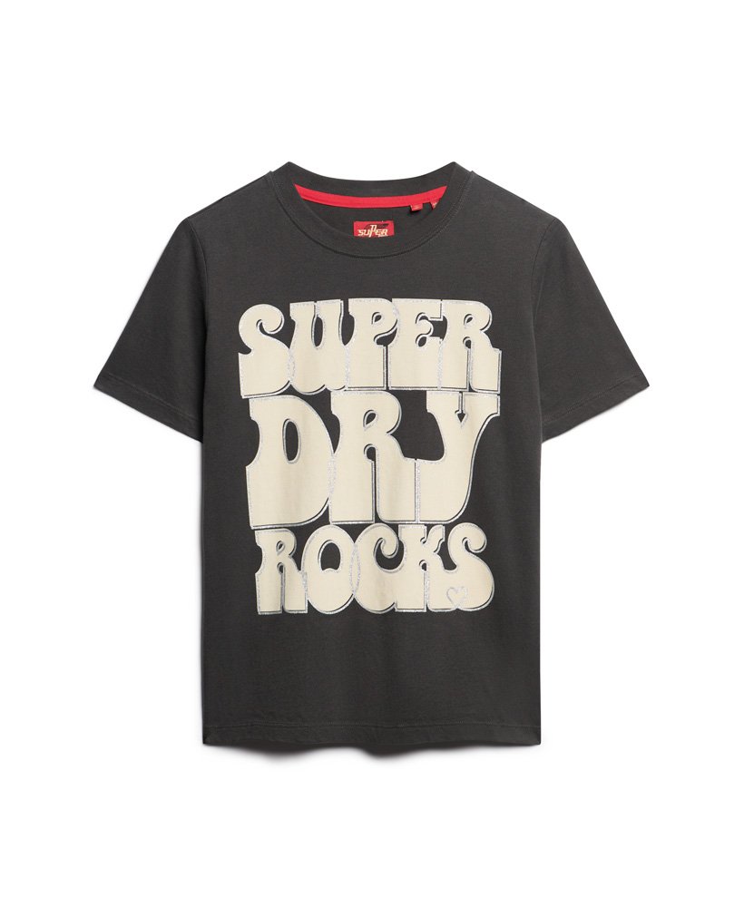 camiseta com logo retrô de rock dos anos 70 em preto lavado