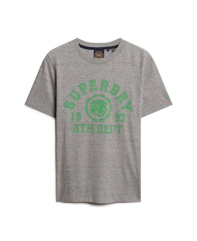 camiseta esportiva universitária na cor cinza mesclado.
