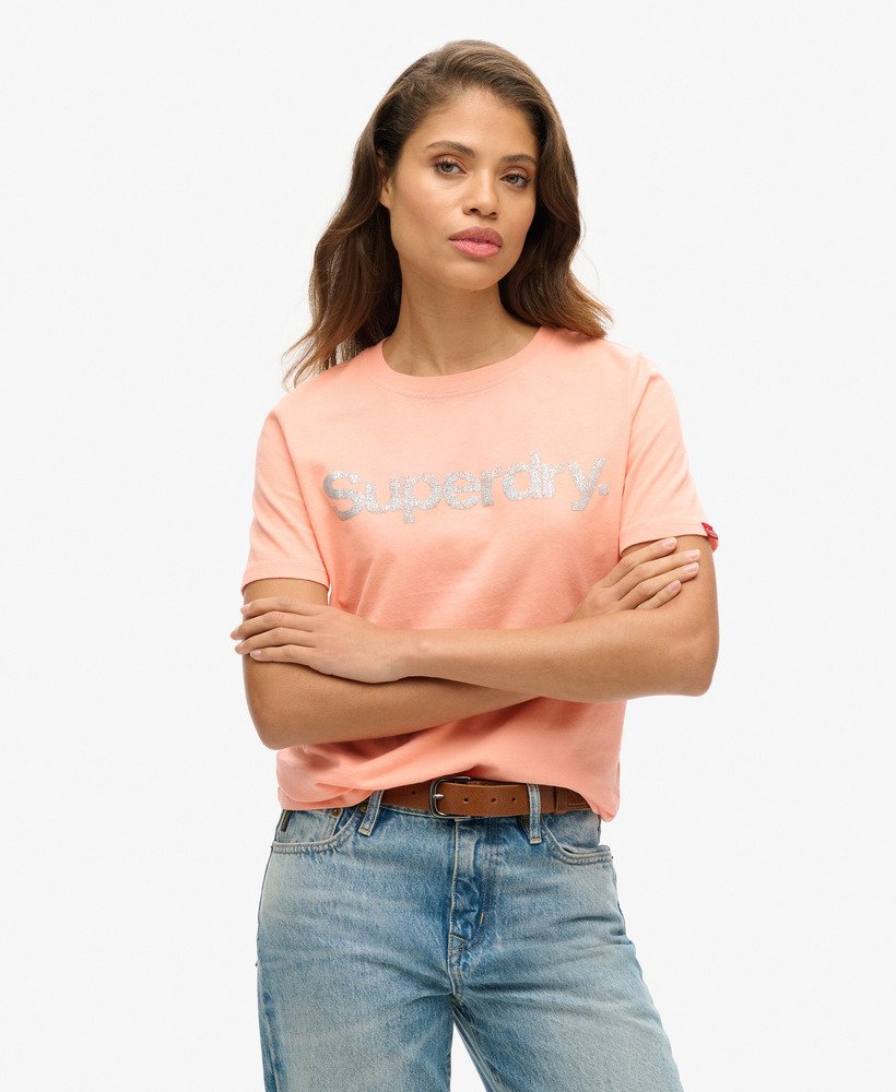 camiseta metallic core logo na cor rosa papaya punch