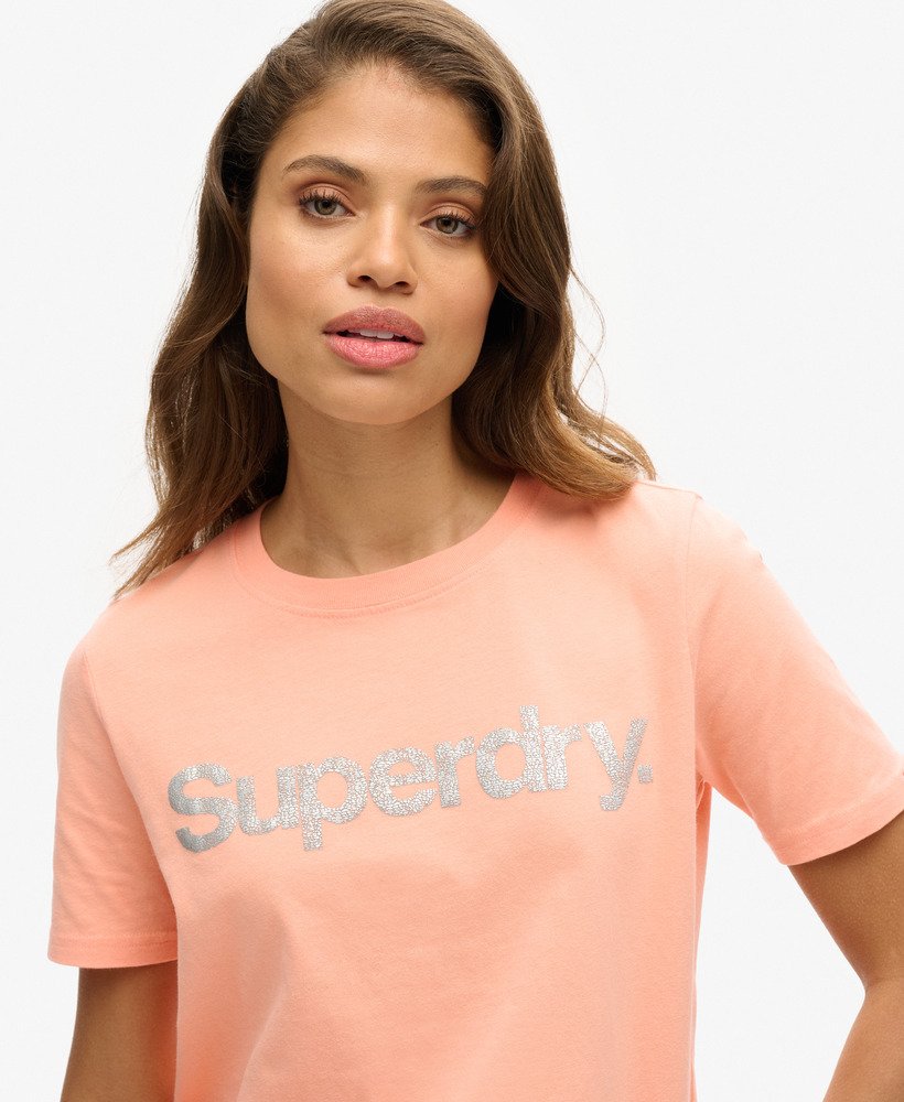 camiseta metallic core logo na cor rosa papaya punch