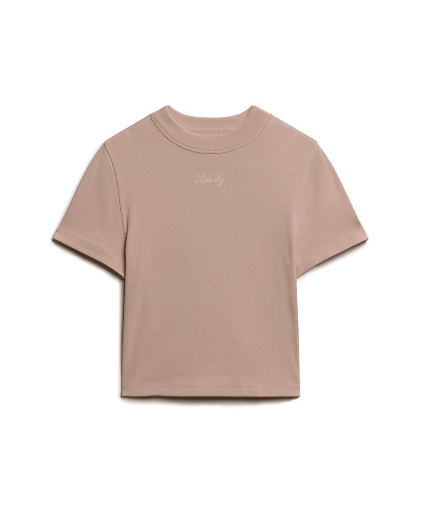 camiseta cropped bordada em algodão orgânico na cor rosa escuro.