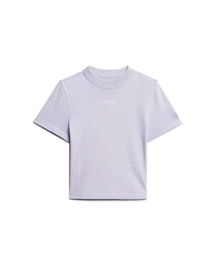 camiseta cropped bordada em algodão orgânico na cor roxa cósmica