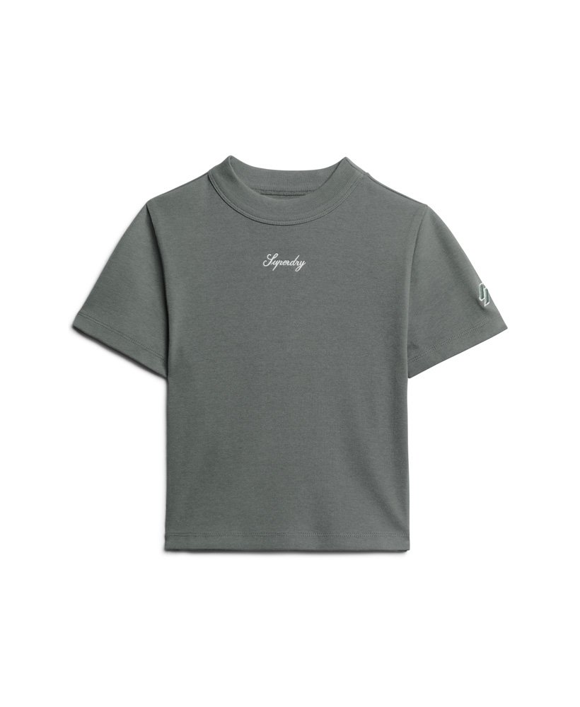 camiseta cropped bordada em algodão orgânico na cor azul tempestuoso.
