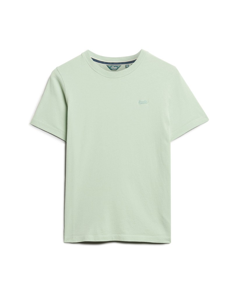camiseta de algodão orgânico com logo vintage bordado na cor verde-mar.