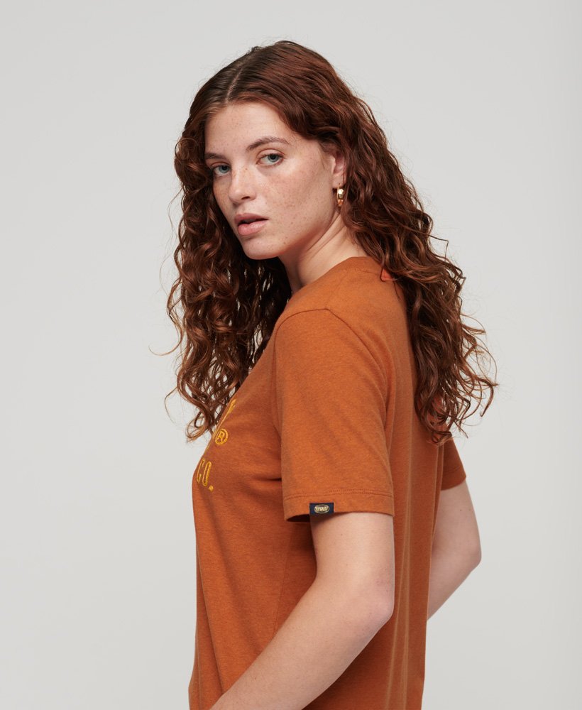 camiseta com estampa esportiva em estilo script na cor laranja ferrugem mesclado.