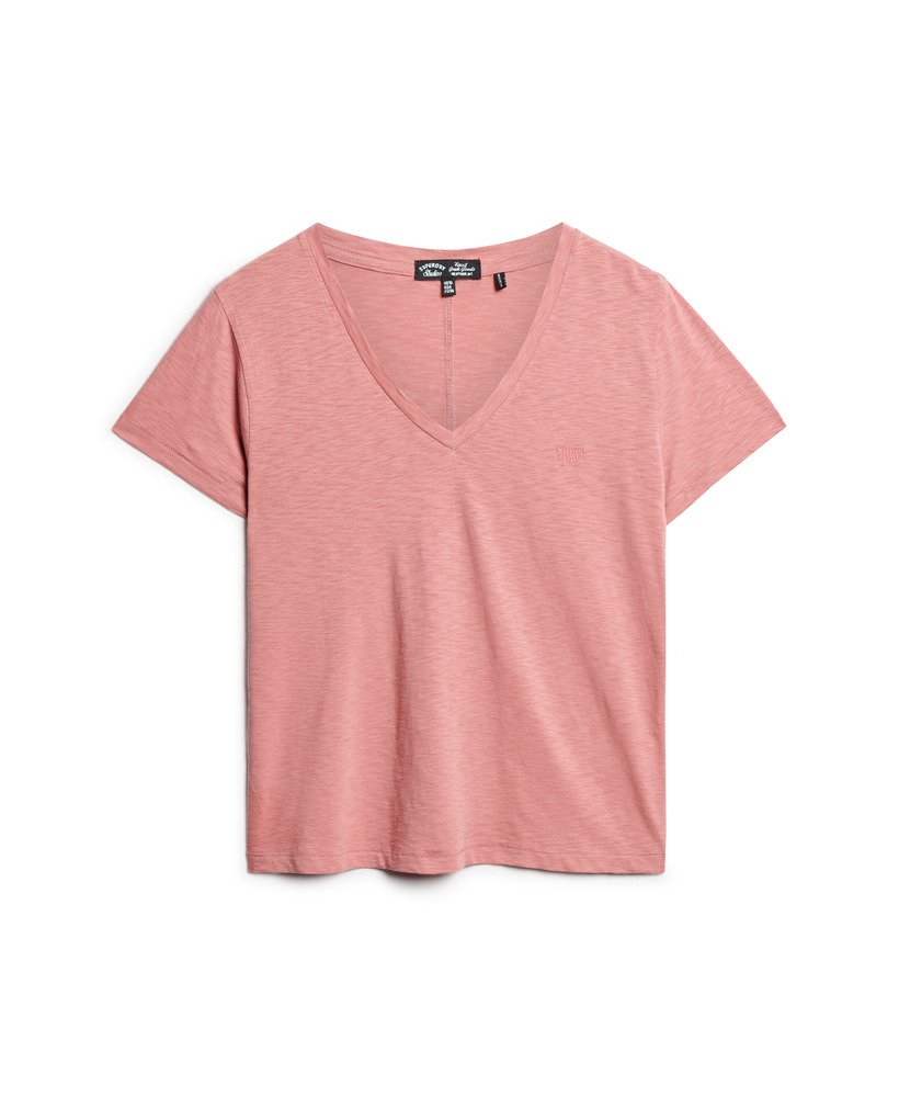 camiseta com decote em v bordada em tecido texturizado na cor rosa antigo.