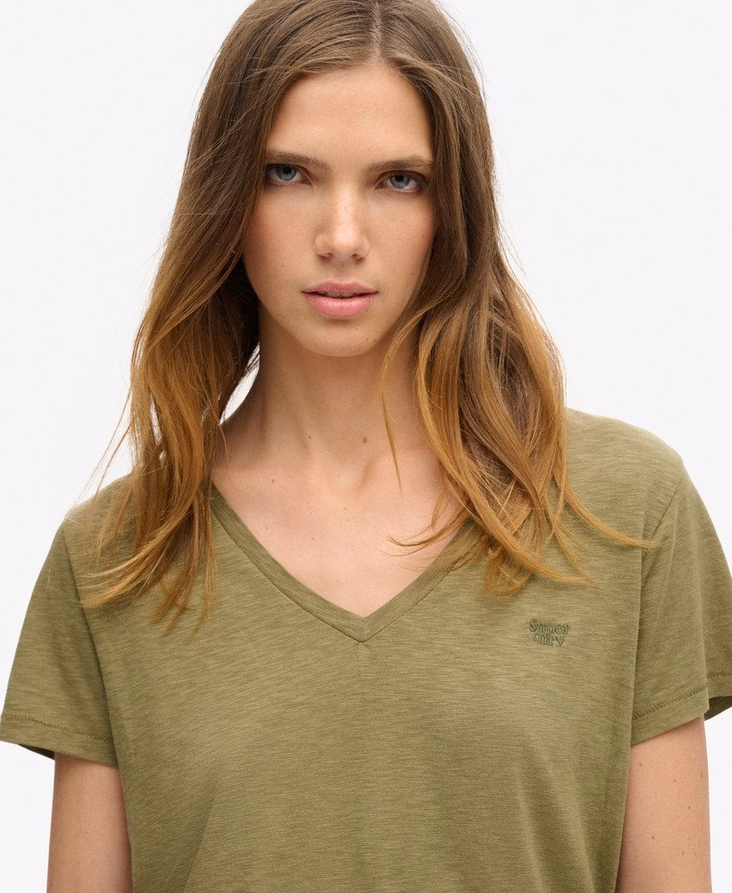 Camiseta com decote em V bordada em tecido texturizado