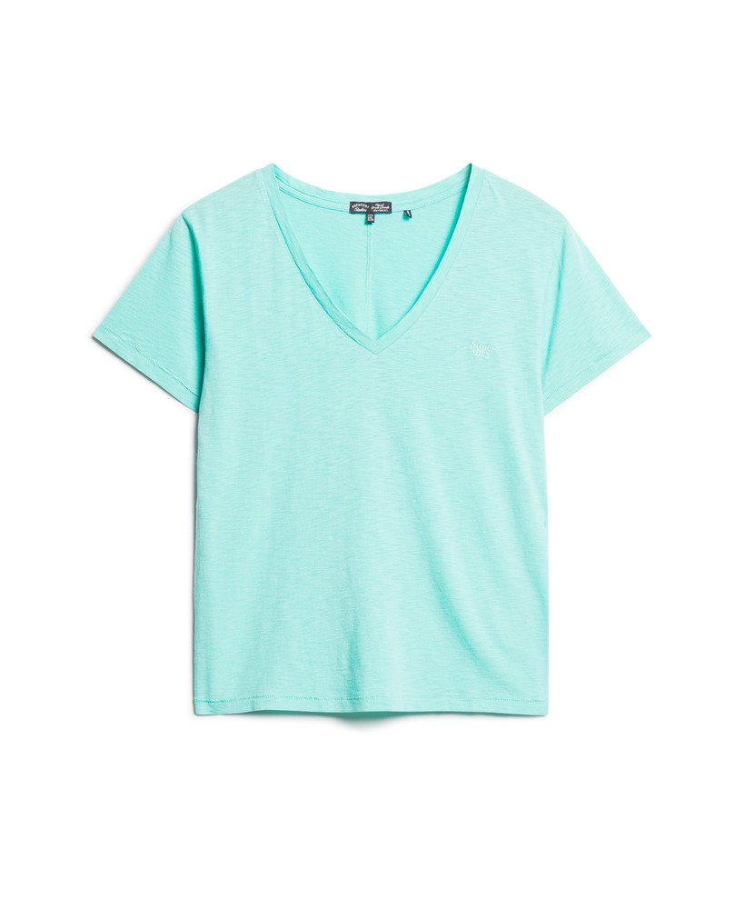 camiseta com decote em v bordada em tecido texturizado na cor verde menta fluorescente.